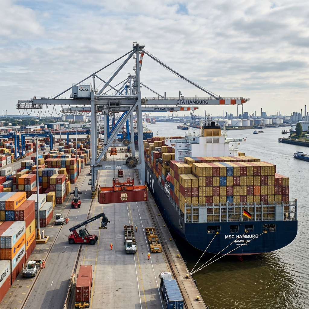 Container ship MSC Hamburg docked at port with cranes loading containers
